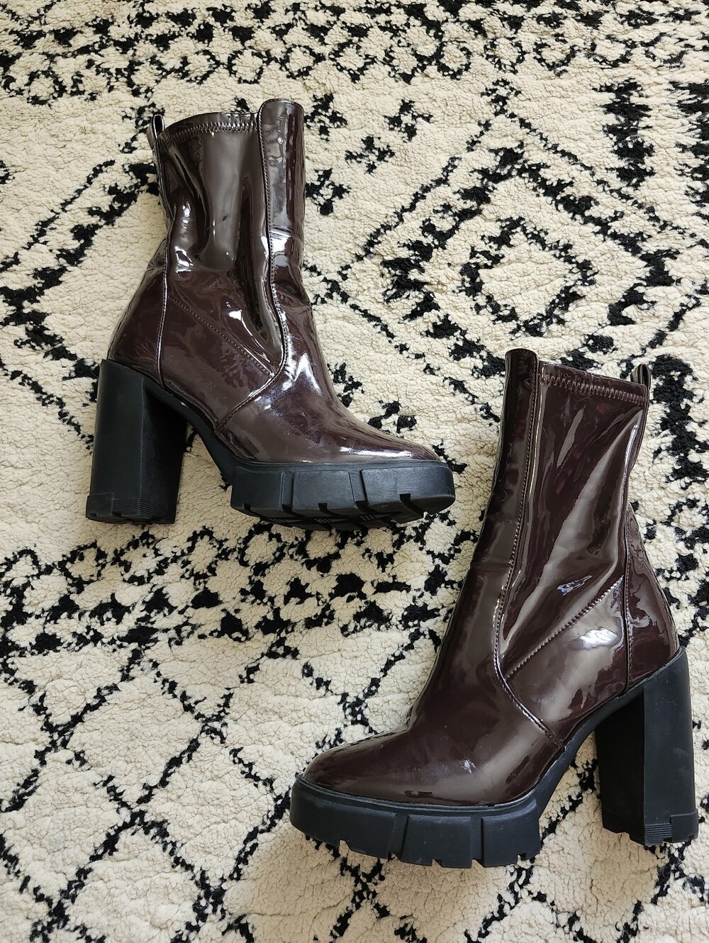 Aldo Patent Chunky Heel Ankle Boots - Dark Brown 8